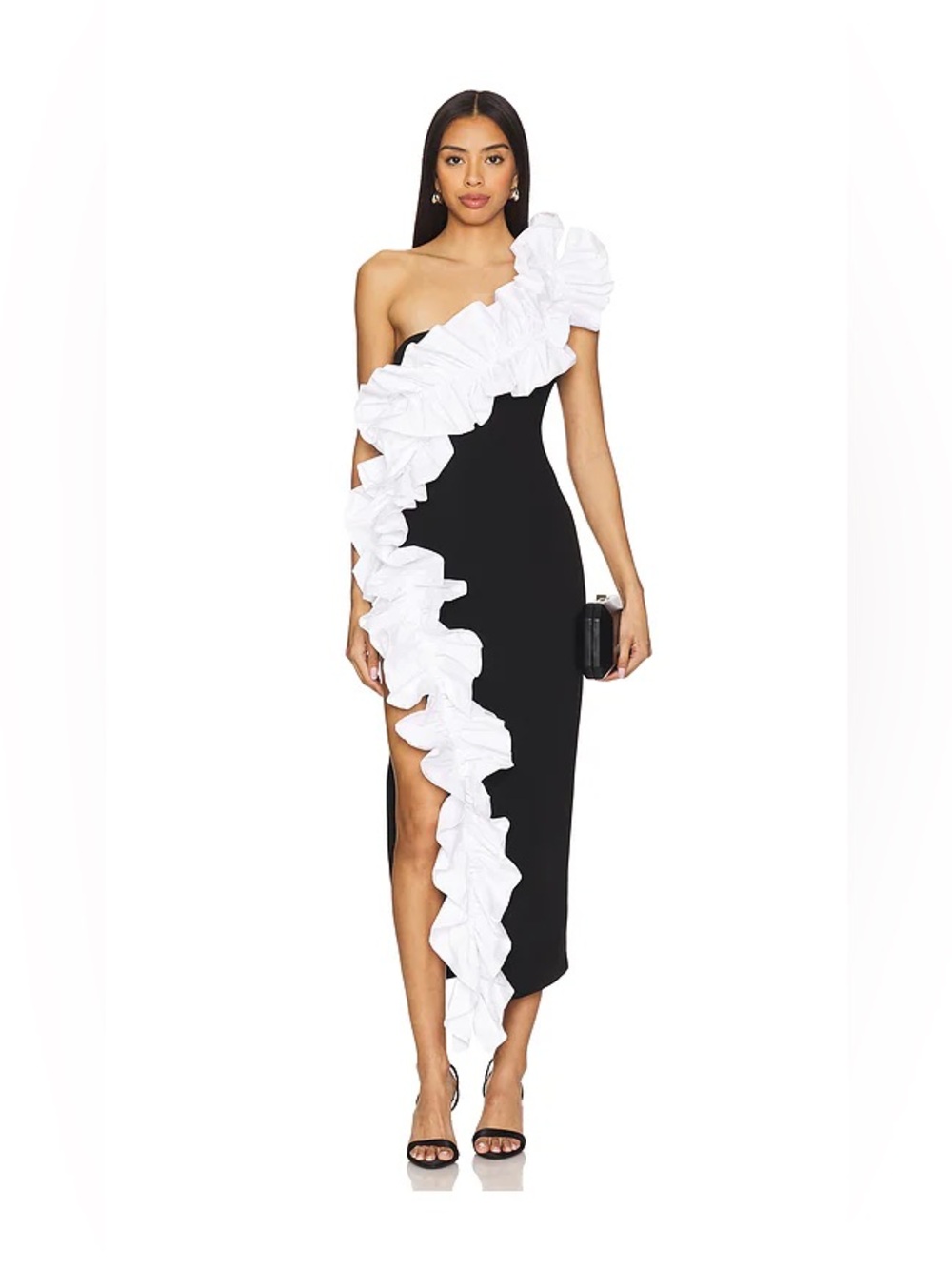 NBD Sapphira Black White One Shoulder Ruffle Midi Dress REVOLVE